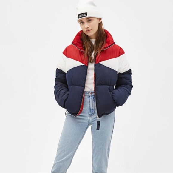 Red, White & Blue Bershka puffer bomber. Size XS, never worn - Picture 1 of 5